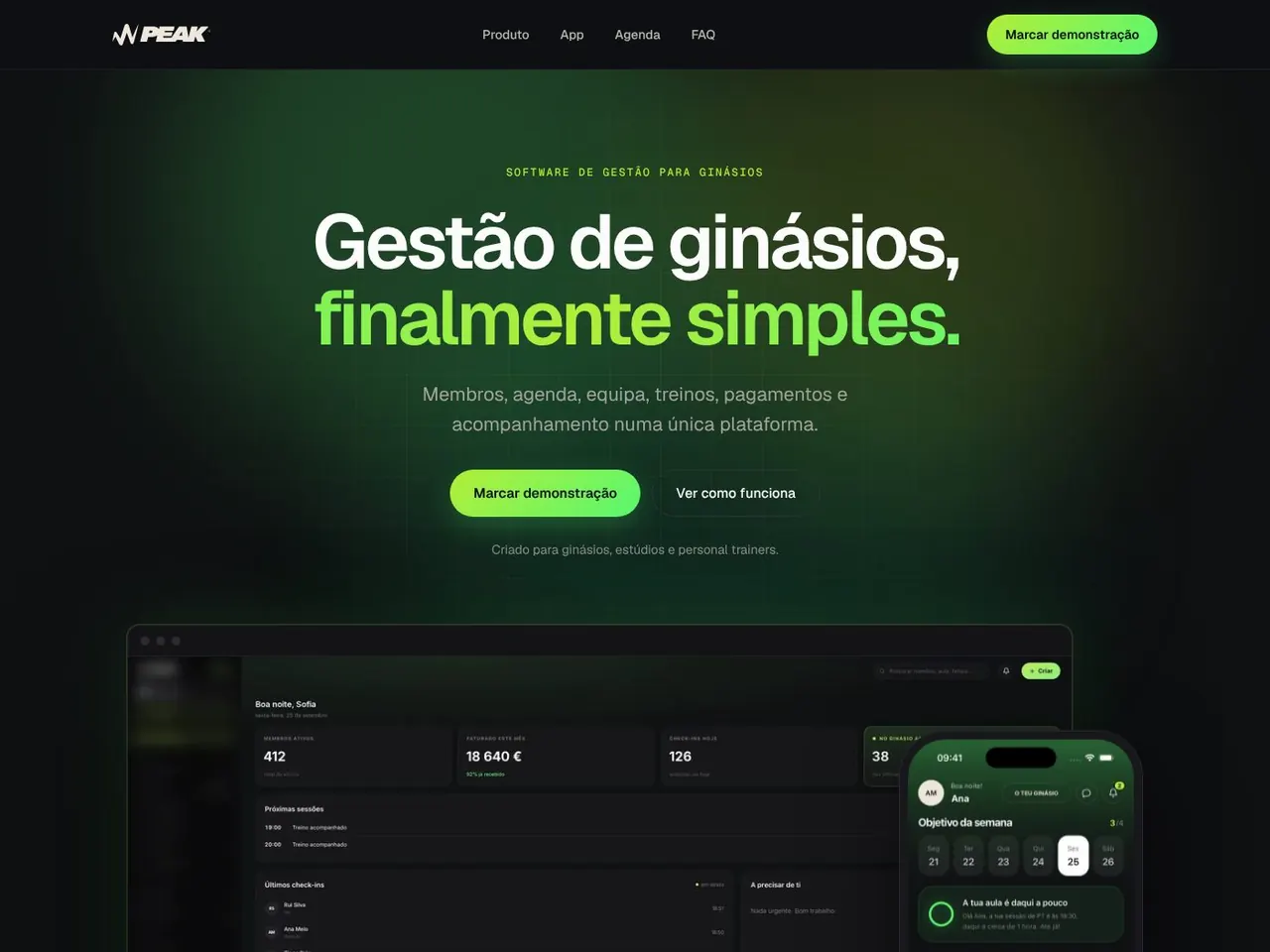 Website da PEAK, software de gestão para ginásios, criado pela Lawless Studio