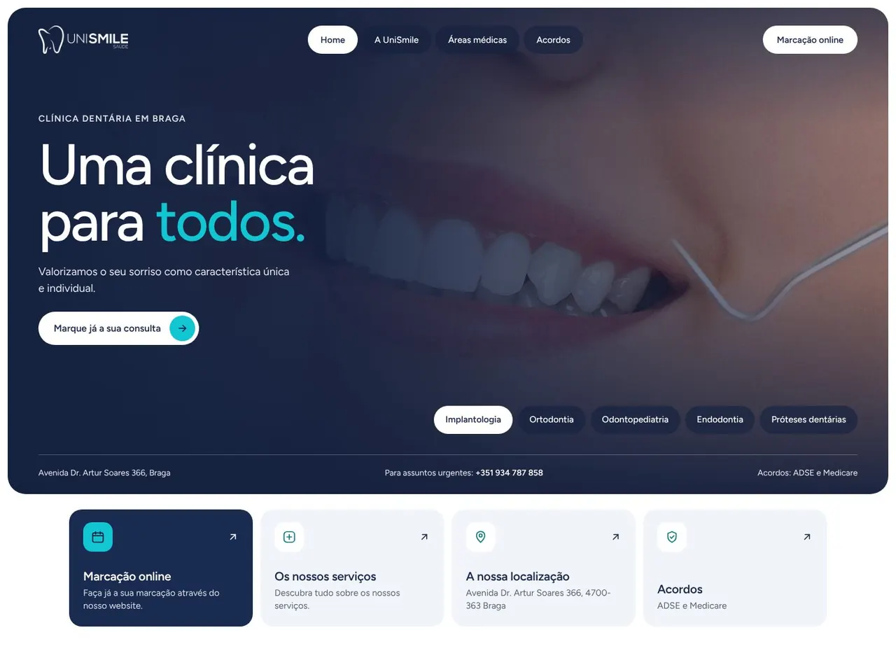 Website da clínica dentária UniSmile Saúde em Braga, criado pela Lawless Studio